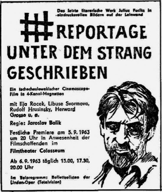 Anzeige zur Premiere des Films Reportage unter dem Strang geschrieben in der DDR im Jahr 1963