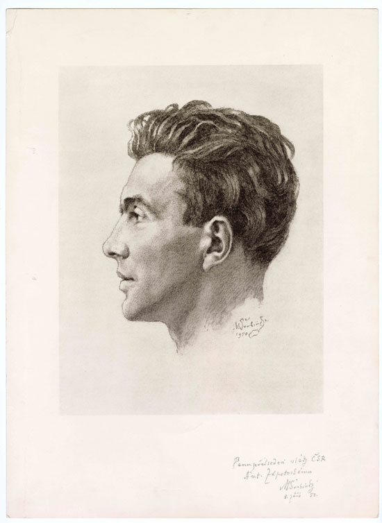 Max Švabinský: Portrait von Julius Fučík, Lithographie mit einer Autorenwidmung für Antonín Zápotocký, 1950